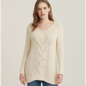 J. Jill SZ L Wool Alpaca Blend V Neck Cable Knit Tunic Length Fisherman Sweater